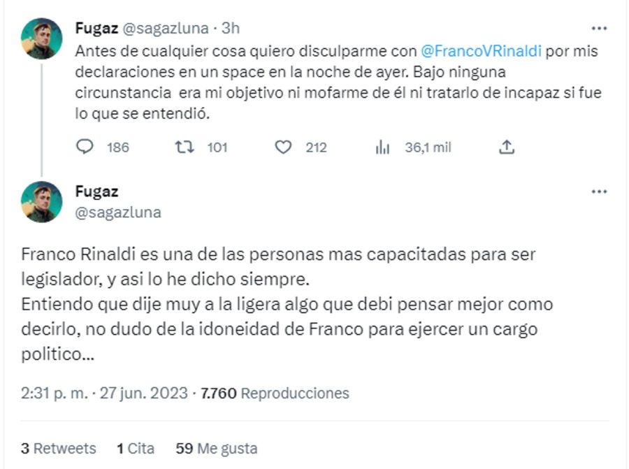 Lucas Luna, candidato de Javier Milei, discriminó a Franco Rinaldi 20230627