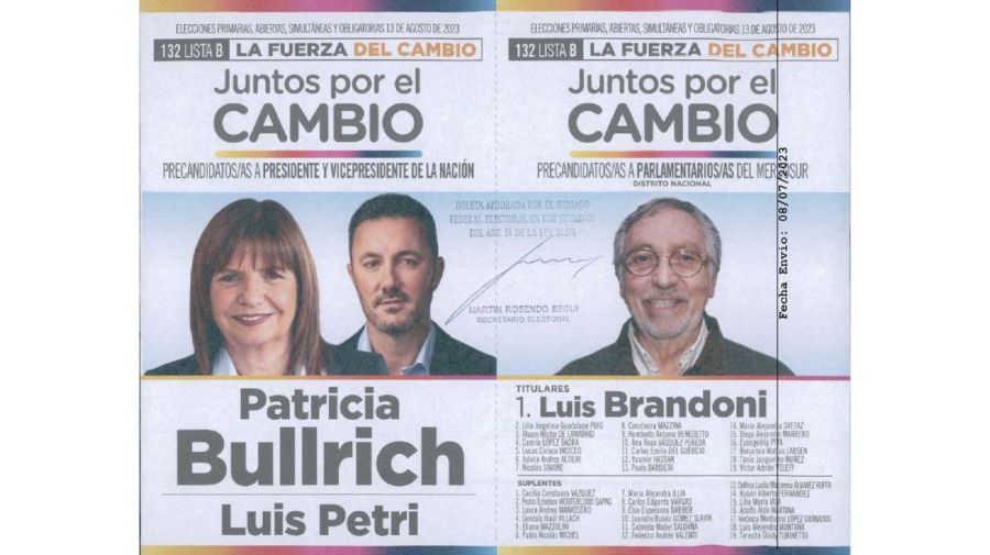 Boleta de Juntos por el Cambio - Bullrich