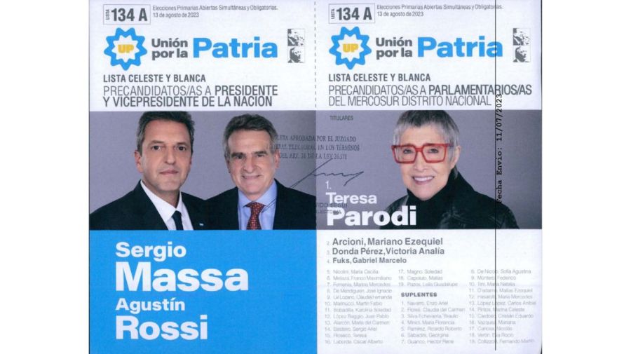 Boleta de Unión con la Patria con Sergio Massa