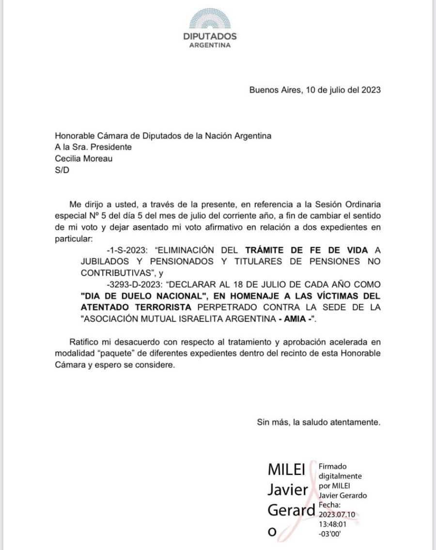 Carta de Javier Milei hacia Cecilia Moreau