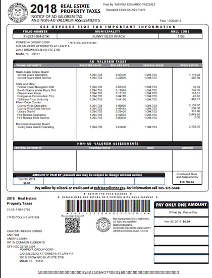 Constancia de 2018 del pago de impuestos por parte de Andrés Vázquez por una propiedad en Miami