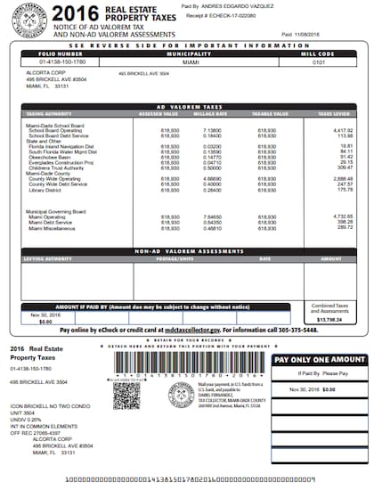 Un documento del condado de Miami-Dade en el que figura el pago de impuestos de uno de los departamentos de Andrés Vázquez con un cheque a su nombre